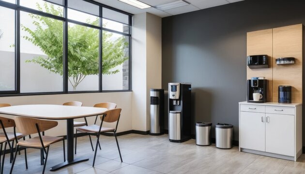 Modern office break room with coffee machine, water cooler, and small patio.