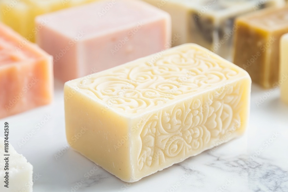 Poster A collection of soap bars arranged neatly on a countertop, suitable for use in still life photography or as a decorative element in your design