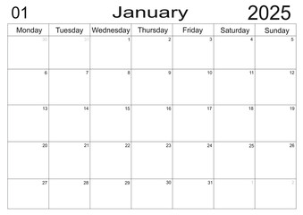 calendar for January 2025 in English. Monthly Organizer. Planner calendar