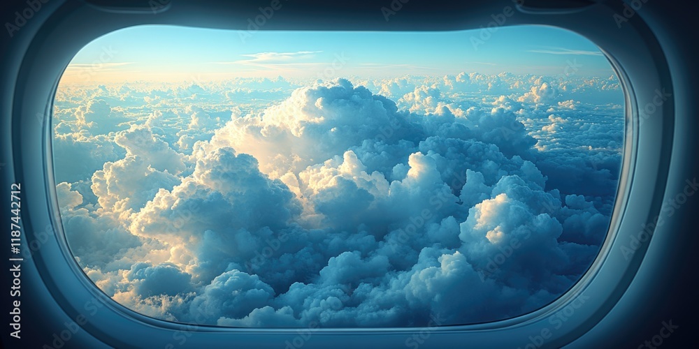 Poster View of clouds from inside airplane, possible uses include travel and aviation themes