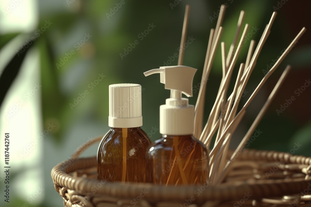 Poster a wicker basket filled with various items, including bottles of liquid and toothbrushes