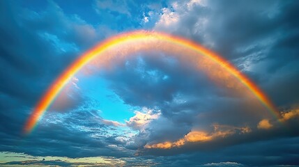 A colorful rainbow appears in the sky above a peaceful beach scene