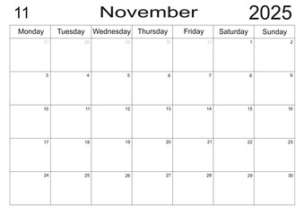 Monthly Planner 2025. Minimalistic month calendar. Printable November Calendar