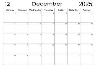 calendar for December 2025 in English. Monthly Organizer. 2025 Monthly Planner.