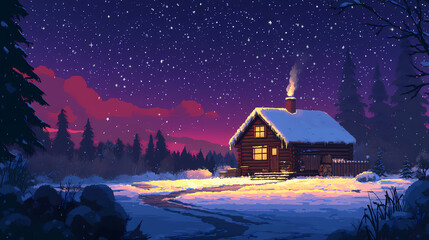 Cozy cabin under a starry winter night sky. Stardrift. Illustration