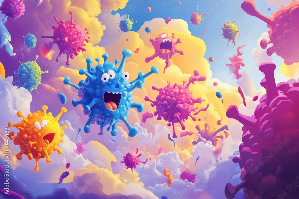 Poster playful cartoon viruses engage in a lively battle with antibodies in a colorful animated atmosphere.