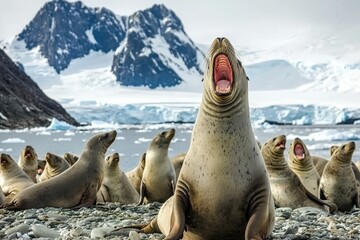 Fototapeta premium A herd of elephant seals basking on a rocky beach, molting under the summer Antarctic sun.