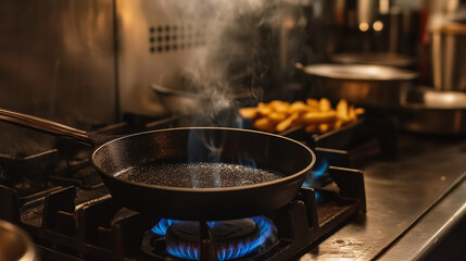 A modern gas stove with vibrant blue flames evenly heating a black cast iron pan. The sleek stainless steel surface and minimalist design highlight a contemporary and functional kitchen setup.