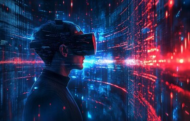 A man wearing a virtual reality headset is engrossed in a futuristic digital setting with data graphics that shine.