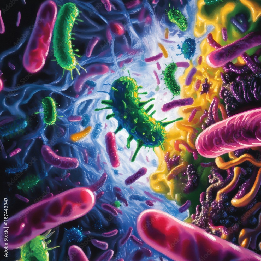 Aufkleber swirling bacteria and microbes in vibrant colors moving through a liquid environment. generative ai