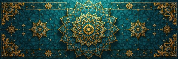 Obraz premium Golden mandala and intricate Islamic geometric pattern on deep teal background , culture, opulent