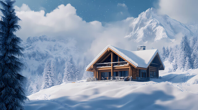 Log house and fir-tree in snow-drift mountain landscape. Stardrift. Illustration