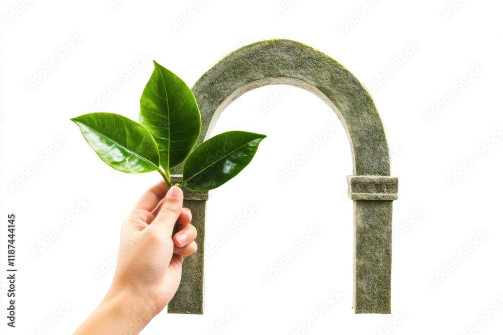 Poster a person holds a green leaf in front of an arch, symbolizing nature and architecture