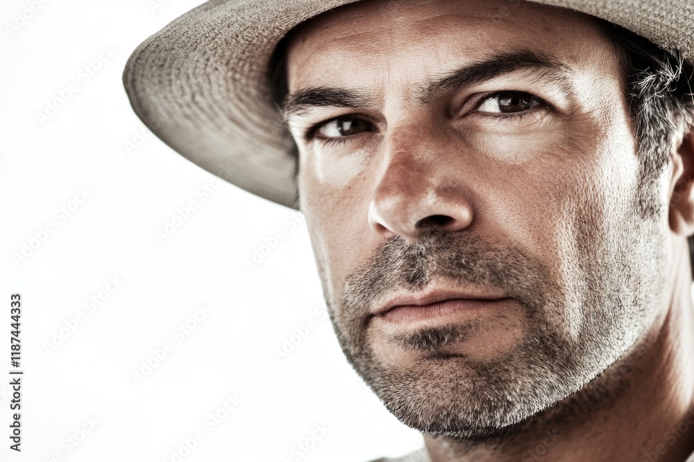 Poster a person wearing a hat and looking directly at the camera, suitable for use as a profile or portrait
