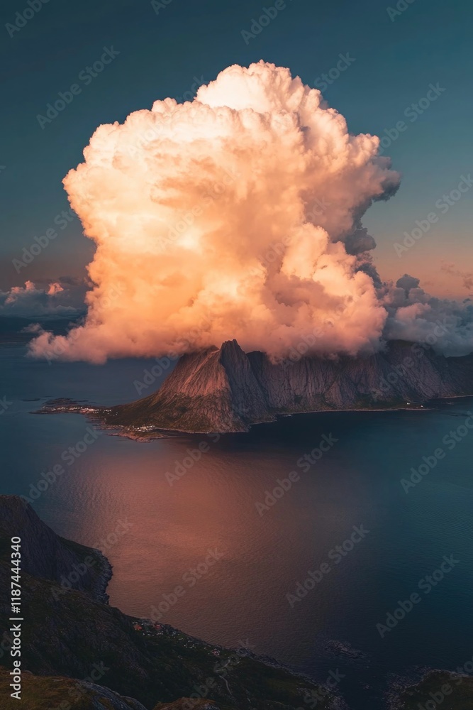Poster a large cloud covering the surface of a lake or ocean, perfect for representing weather conditions o