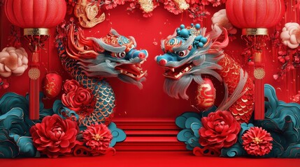 Festive Chinese New Year Dragons and Lanterns