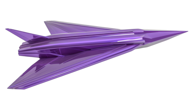 A purple paper plane rendered in 3D with sharp edges on a white background