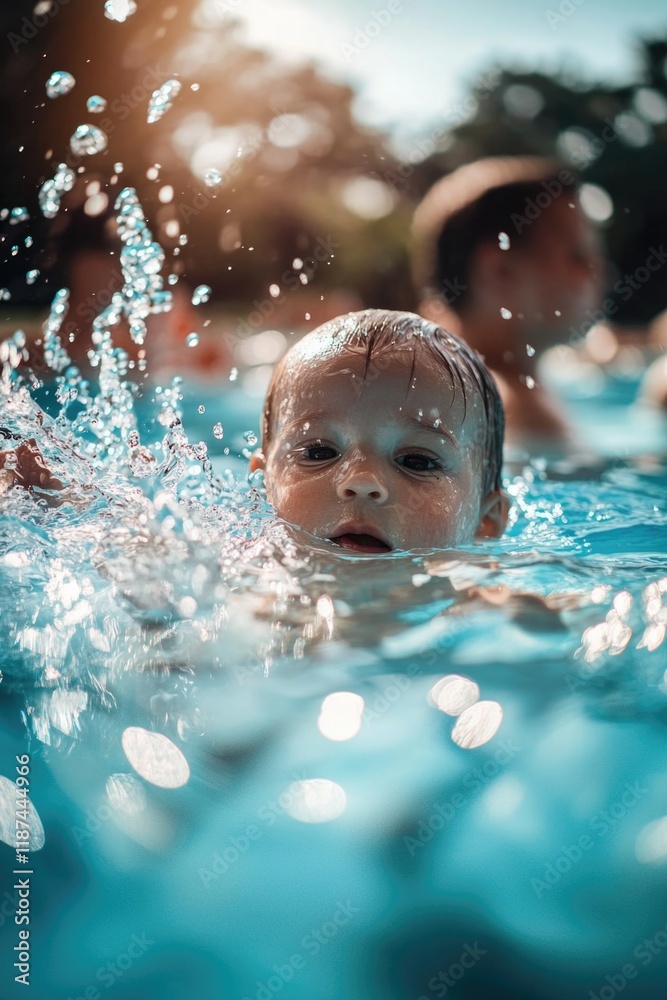 Poster a happy baby playing in a pool with water splashing on their face