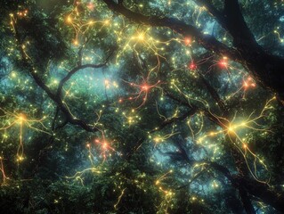 Fototapeta premium Glowing vines illuminate a dark, lush forest canopy.