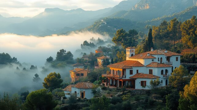 morning fog the village of monachil province of granada spain