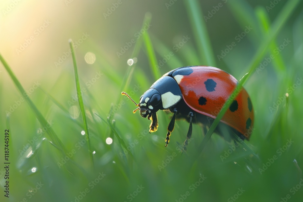 Poster a single ladybug sits atop a vibrant green field, perfect for use in nature-inspired designs or as a