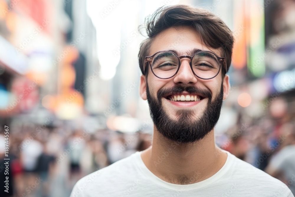 Poster a smiling man with a beard and glasses