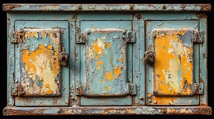 Naklejka premium Rustic three-door metal cabinet with peeling paint.