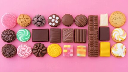 Vibrant Display of Candies, Sweets, Cookies, Pastries, Chocolate Bars, and Lollipops on Light Background, Colorful, Delicious, Sweet Treats