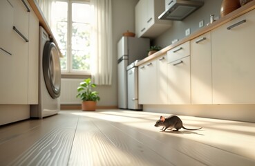 Small grey mouse explores bright kitchen floor. Sunlight streams into cozy home interior. Rodent searching on clean floor. Peaceful scene in domestic environment. Potential pest control issue