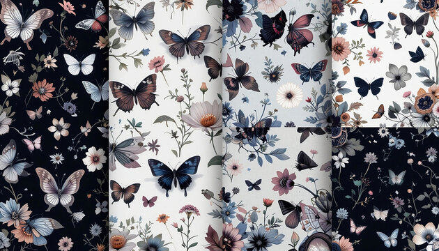 Gothic Garden Patterns: Seamless Textures with Butterflies, Moths, Flowers, and Crescent Moon Elements