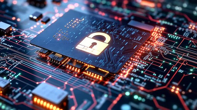 A credit card rests on a glowing circuit board, locked by a digital padlock, as virtual data streams surround it, indicating strong cybersecurity measures for online payments.