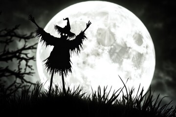 A scarecrow stands at the edge of a field under the light of a full moon