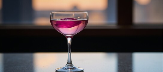 A photorealistic image showcases an elegant cocktail glass with vibrant pink hues against a backdrop of blurred lights