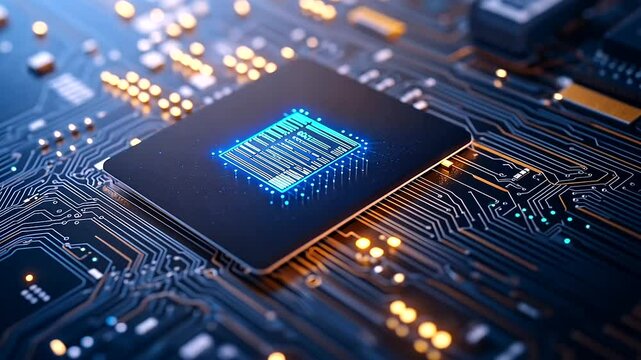 A digital lock in glowing blue encircles a credit card resting on a detailed circuit board, with lines of encrypted data traveling through the circuit, signifying secure online tra