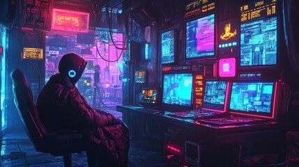 Fototapeta premium Cyberpunk Hacker Working In Futuristic Digital Room