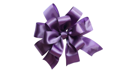 A purple ribbon bow with a top-view perspective on a white background