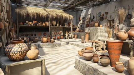 Vibrant representation of ancient villages reconstructed pottery and tools displayed in situ