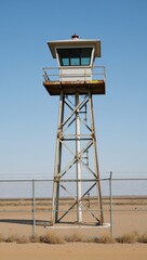 Modern prison tower looms over an empty expanse emphasizing feelings of isolation and control