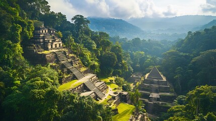 Vibrant representation of lost cities emerging dense jungles with ancient temples and pyramids