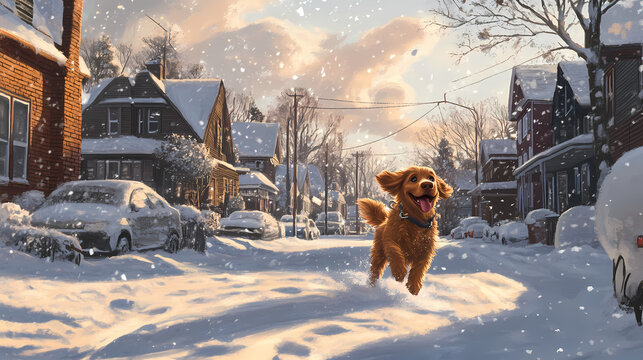 A playful dog is pulling on its leash while walking through a snowy suburban neighborhood, showcasing its excitement and energy on a winter day. Stardrift. Illustration