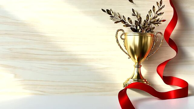 A gleaming golden champion trophy adorned with an intricate laurel wreath and a flowing red ribbon, standing elegantly on a pristine white wood background, symbolizing ultimate ach