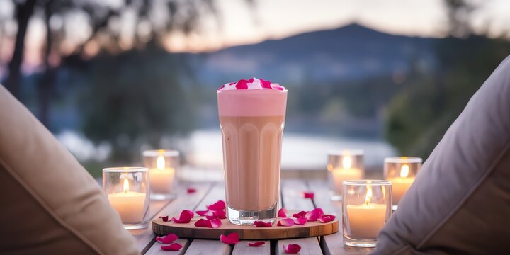 Romantic sunset with rose drink and candles on wooden table in tranquil outdoor setting.