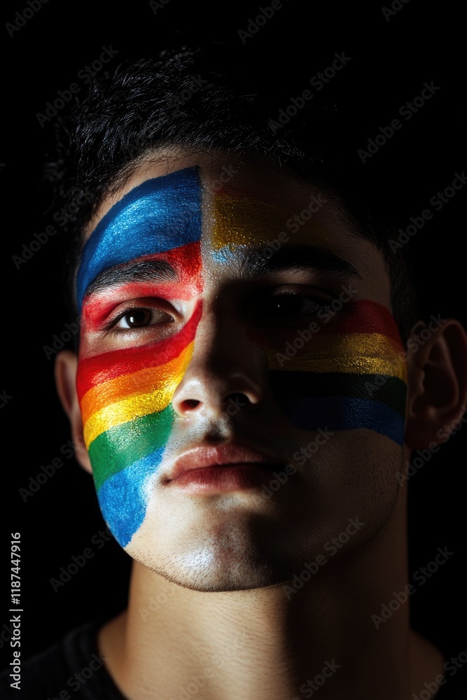 Poster a person with a colorful rainbow design on their face, great for creative expressions and artistic t