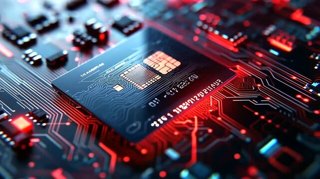 A high-tech digital lock encloses a credit card on an intricate circuit board, while encrypted code flows smoothly through the board, highlighting online payment security.