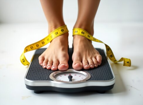 Woman stands barefoot on weighing scales. Yellow measuring tape wrapped around ankles. Health, fitness concept related to body weight measurement. Focus on body image, dieting. Modern photo for
