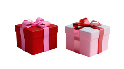 Obraz premium A red and pink gift box tied with ribbons rendered in 3D style on a white background