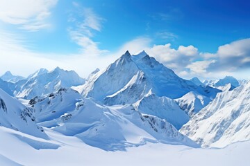Obraz premium Snow-covered peaks rise majestically under a clear blue sky in a serene winter landscape