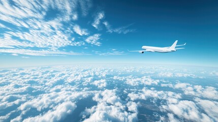 Airplane flying above fluffy white clouds under a bright blue sky.
