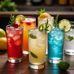 Fototapeta premium Brightly colored cocktail drinks served at summer events adorned with fresh limes herbs