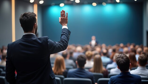 Businessman raises hand in large indoor meeting room. Audience listens to presentation. Business event gathering many professionals. People discuss strategy, ideas. Teamwork in action. Active